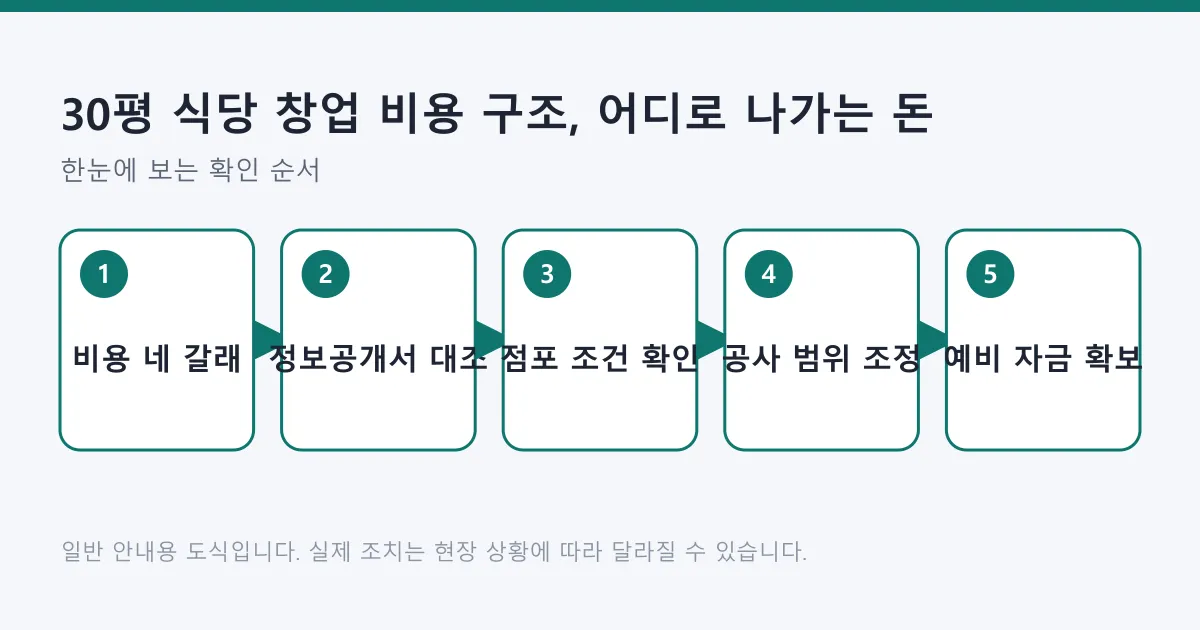 30평 식당 창업 비용을 네 갈래로 나누고 예비 자금 확보까지 다섯 단계로 정리한 도식