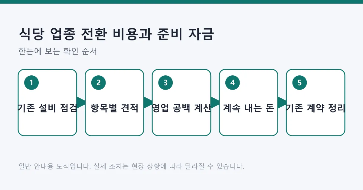식당 업종 전환 비용을 기존 설비 점검부터 견적, 영업 공백, 고정 비용, 기존 계약 정리까지 다섯 단계로 정리한 도식