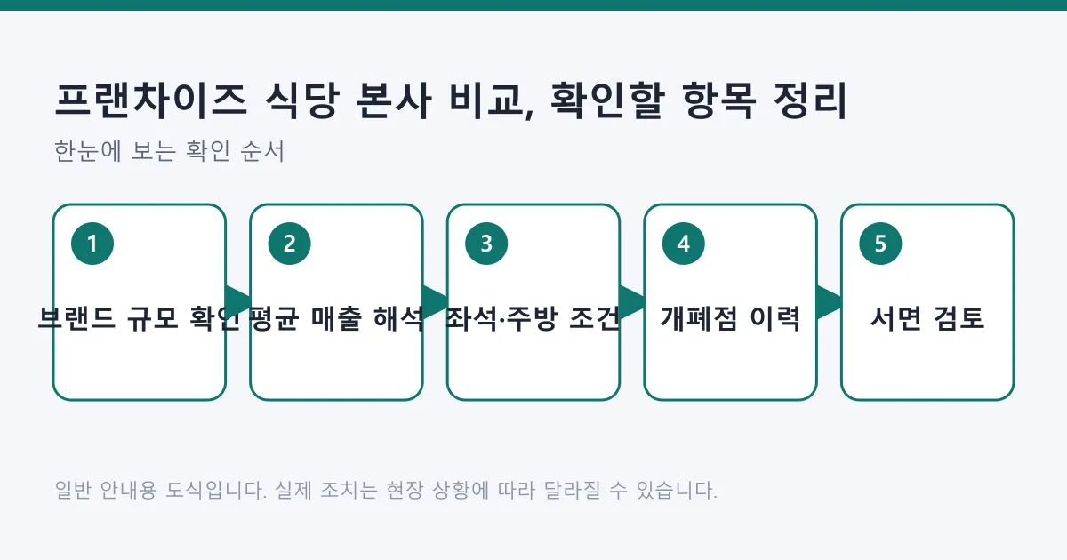 프랜차이즈 식당 본사를 브랜드 규모 확인부터 서면 검토까지 다섯 단계로 비교하는 도식