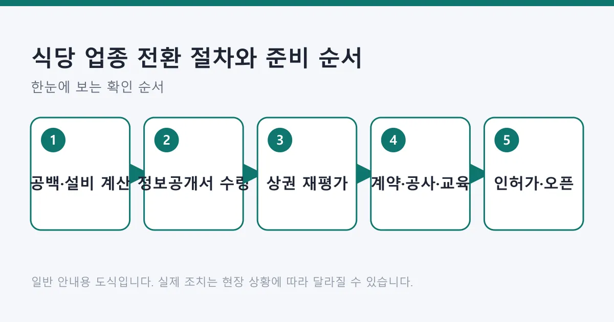 식당 업종 전환 절차를 공백 비용 계산부터 인허가와 오픈까지 다섯 단계로 정리한 도식.