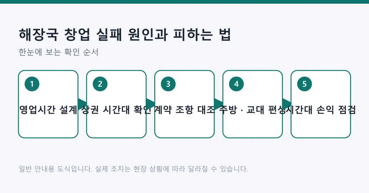해장국 매장 창업에서 영업시간 설계부터 시간대별 손익 점검까지 확인 순서를 나타낸 도식
