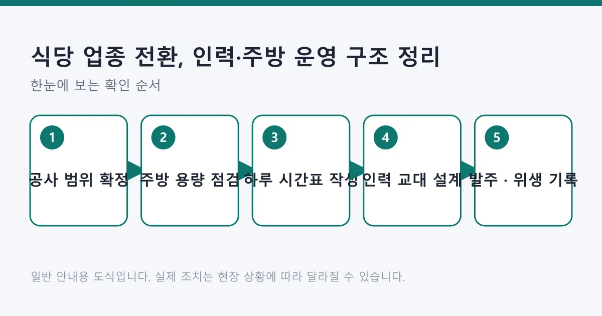 식당 업종 전환 준비를 공사 범위 확정부터 주방 용량 점검, 하루 시간표 작성, 인력 교대 설계, 발주와 위생 기록까지 5단계로 정리한 도식