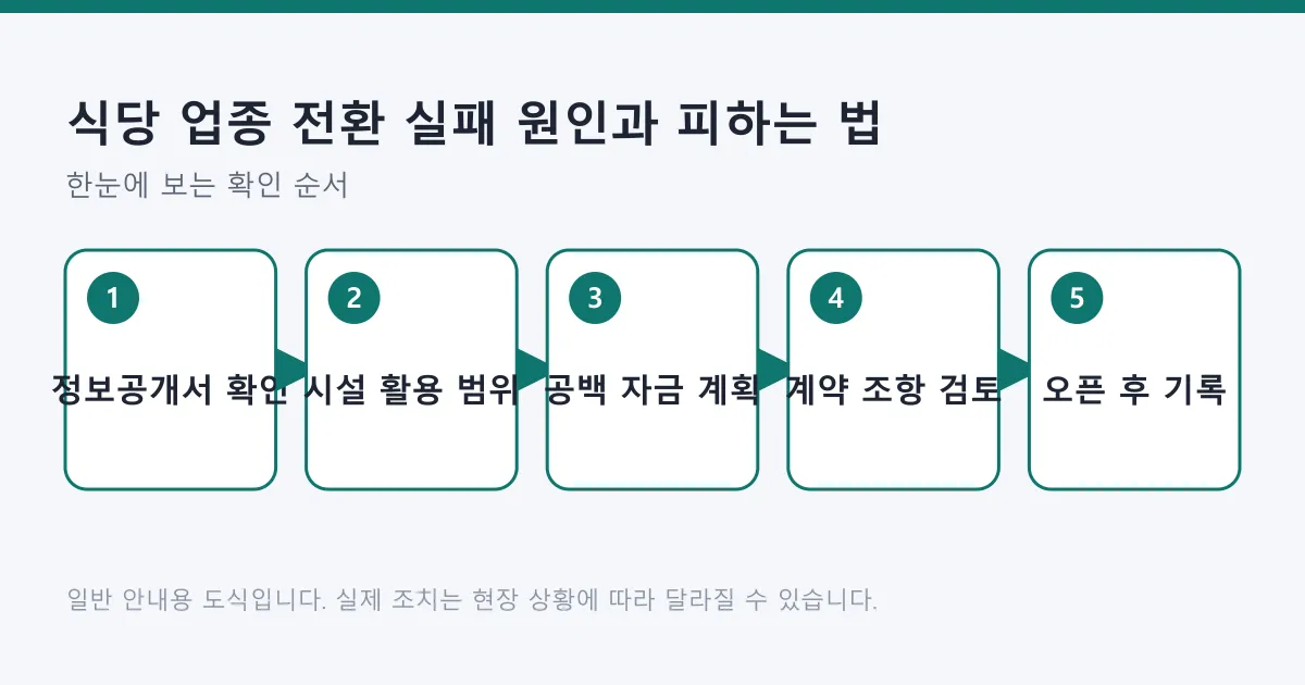 식당 업종 전환 과정에서 정보공개서 확인부터 오픈 후 기록까지 다섯 단계를 보여주는 흐름도